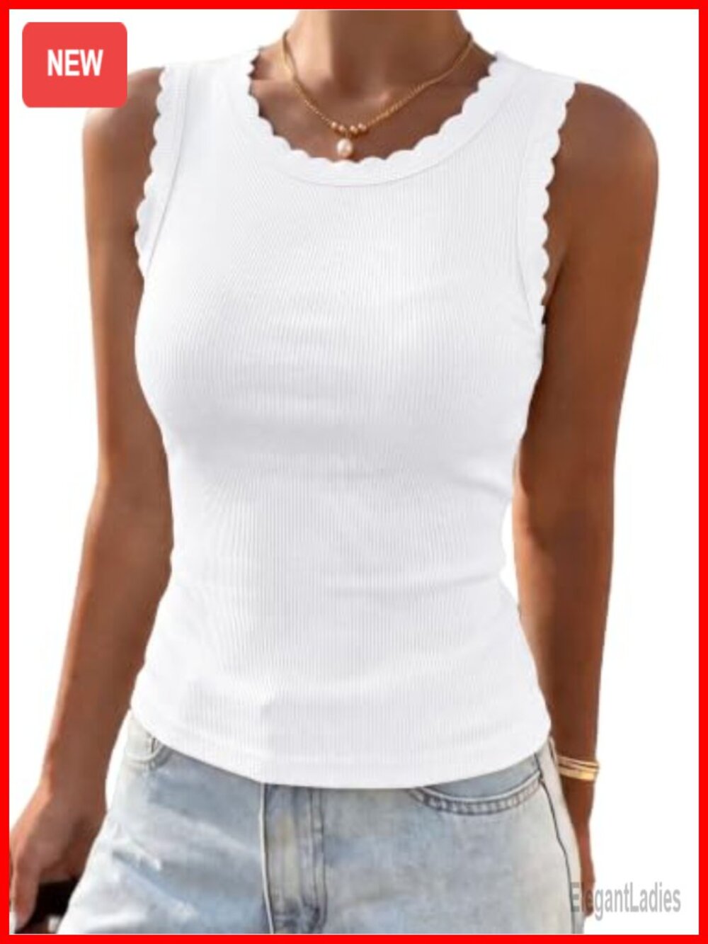 Ribbed Knit Tank Top Fitted Sleeveless Ruffle Crew Neck Summer Top